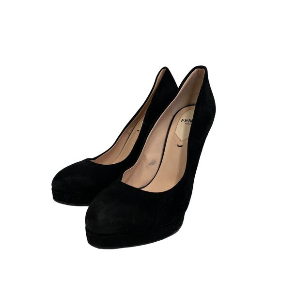 FENDI Black Suede 'Sophie Decollete' Logo Pumps Platform Heels Size 35.5 US 5.5 - Picture 3 of 9